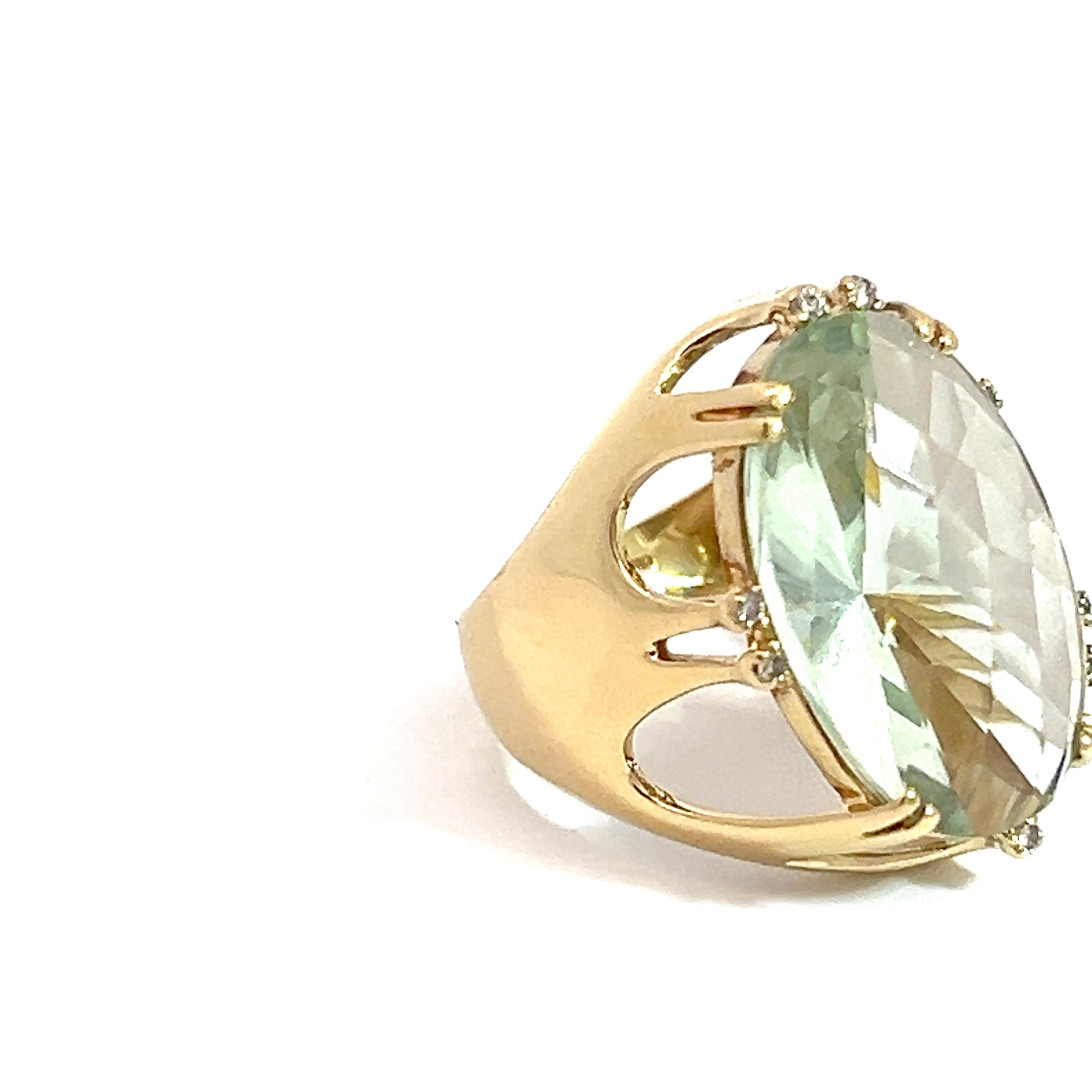 18k Yellow Gold 20x12 Oval Green Amethyst / .10ct G VS2 Round Diamond Ring 8.9 Gram Size 6