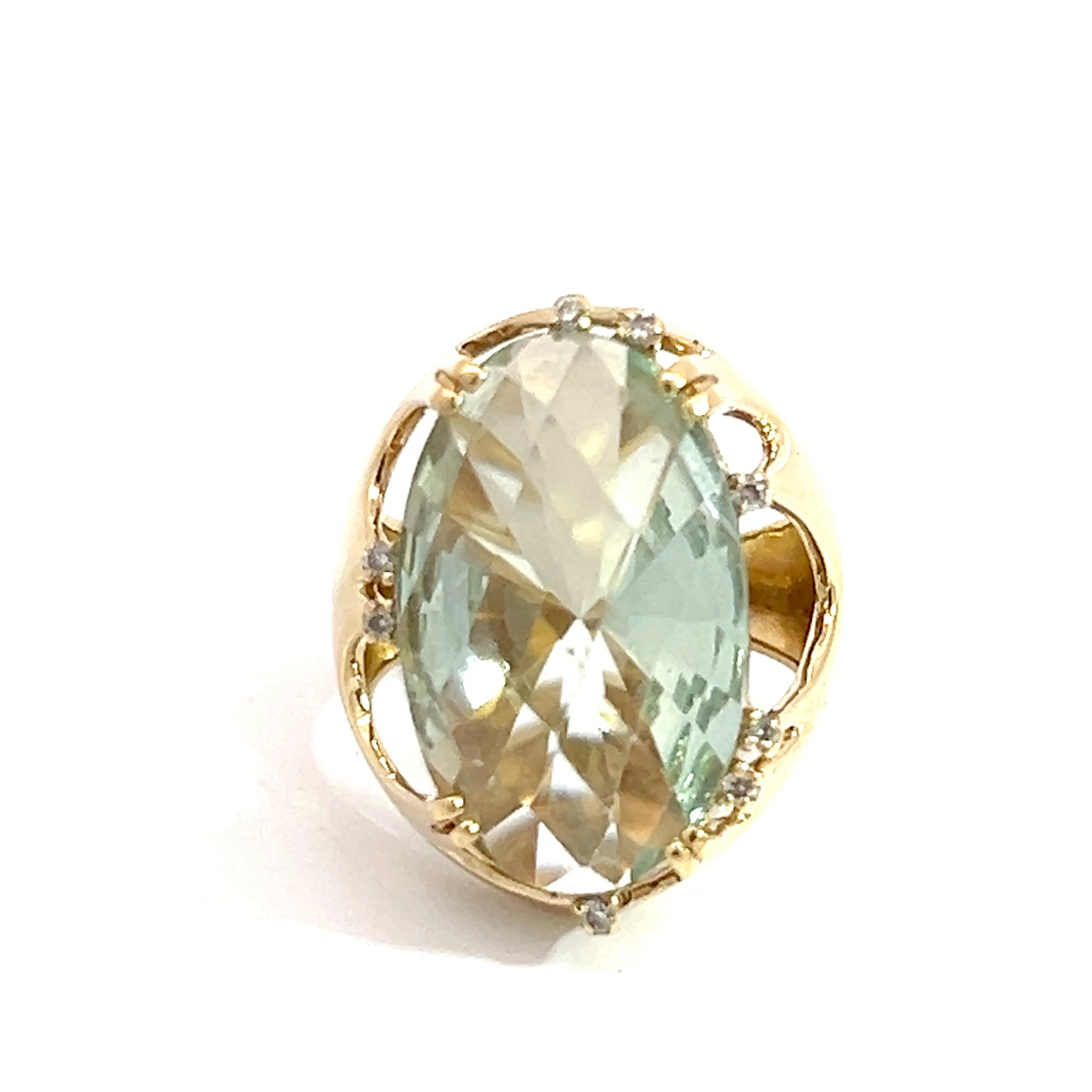 18k Yellow Gold 20x12 Oval Green Amethyst / .10ct G VS2 Round Diamond Ring 8.9 Gram Size 6