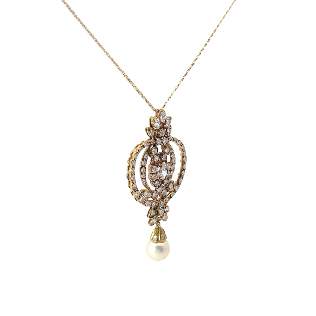 18k Yellow Gold 2.15ct F VS2 Round and Marquise Diamond and Fresh Water White Vintage Pearl Necklace