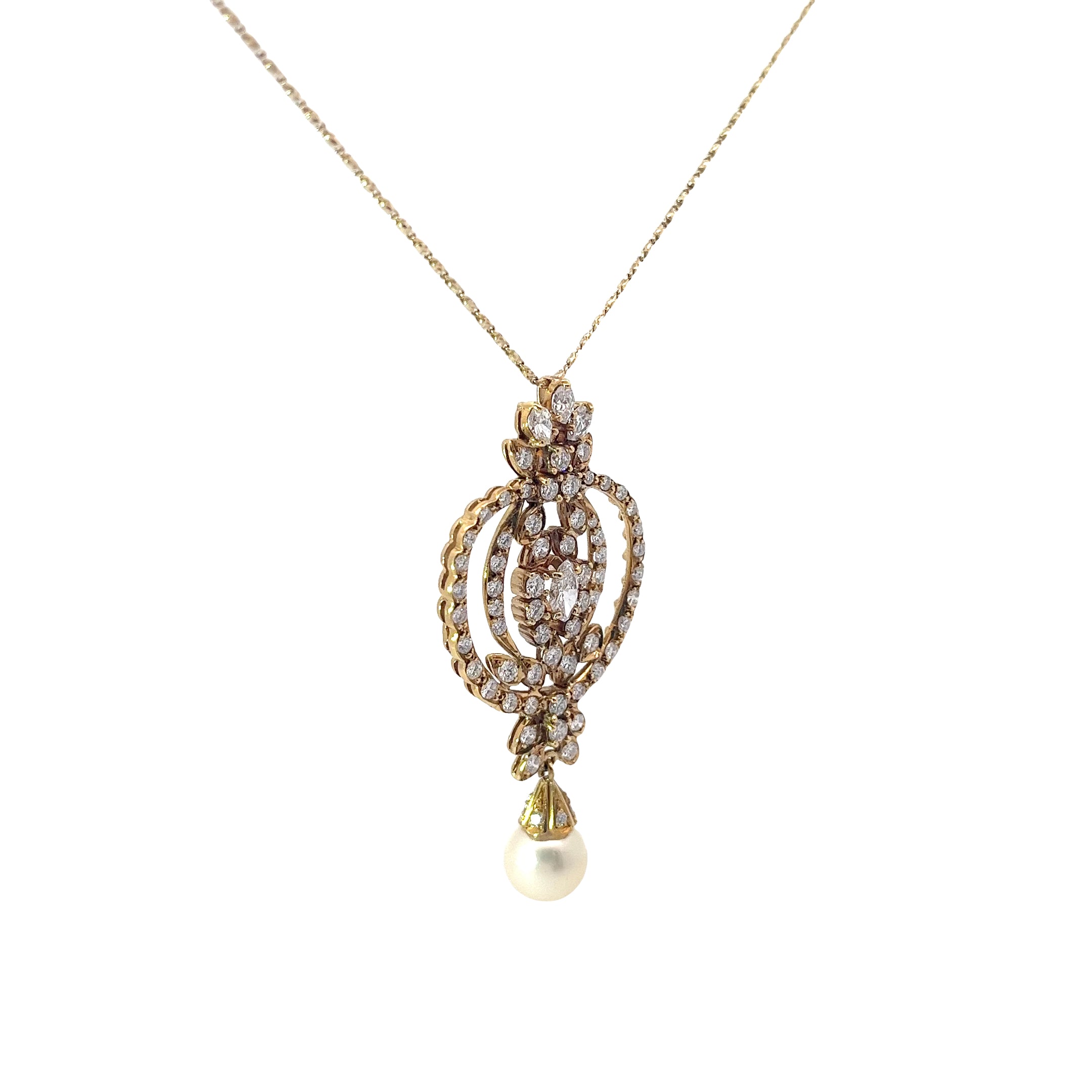 18k Yellow Gold 2.15ct F VS2 Round and Marquise Diamond and Fresh Water White Vintage Pearl Necklace