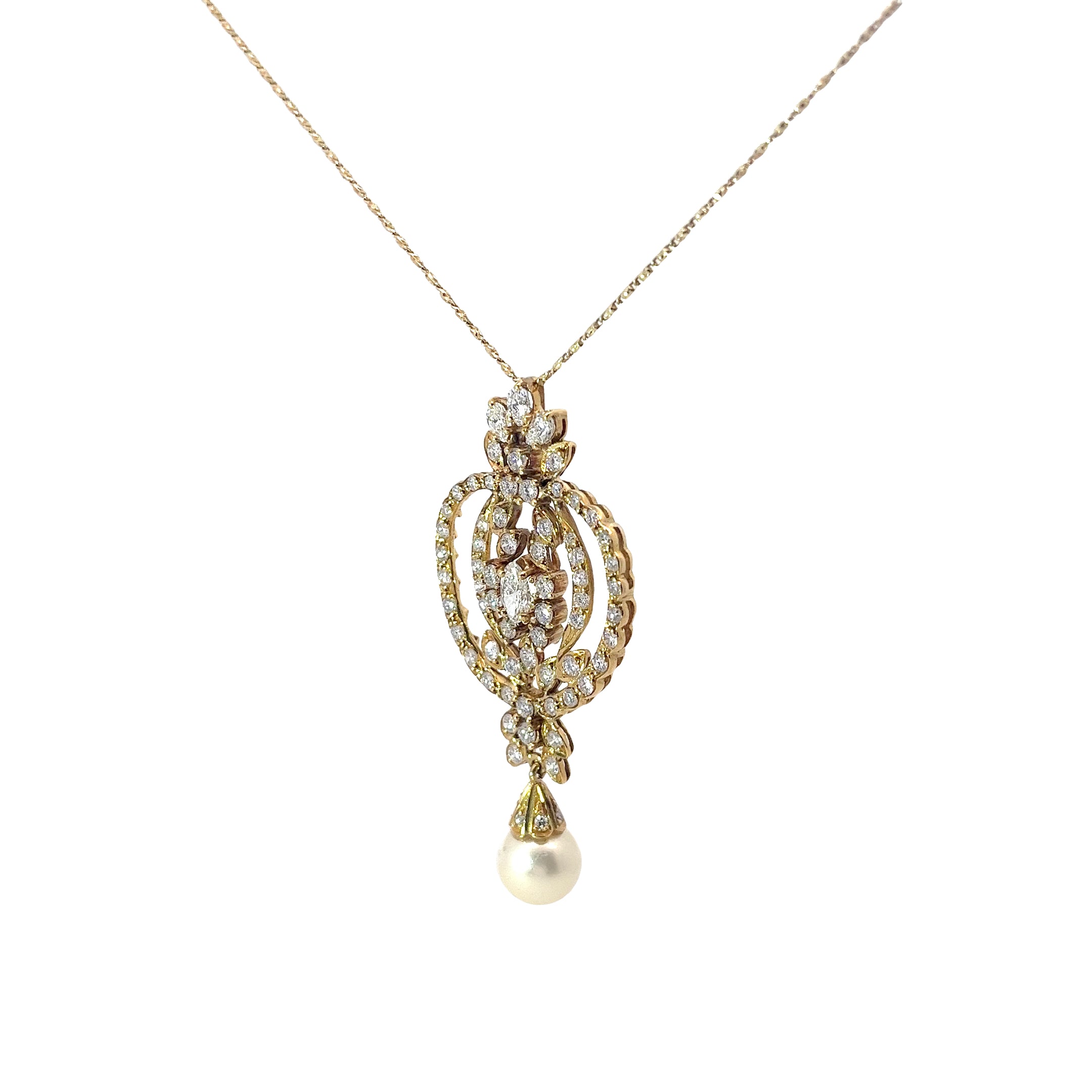 18k Yellow Gold 2.15ct F VS2 Round and Marquise Diamond and Fresh Water White Vintage Pearl Necklace