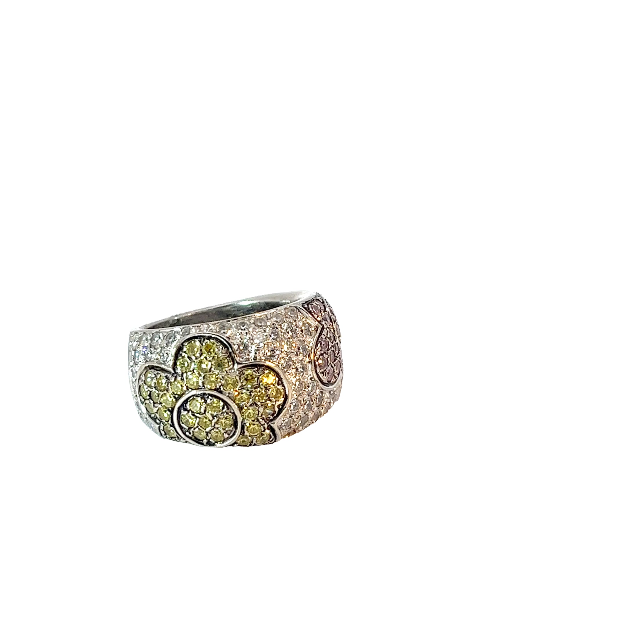 18k White Gold 2.00ct Pink and Yellow Round total weight Sapphire and Surround by 1.35ct G VS2 Round Diamond Ring