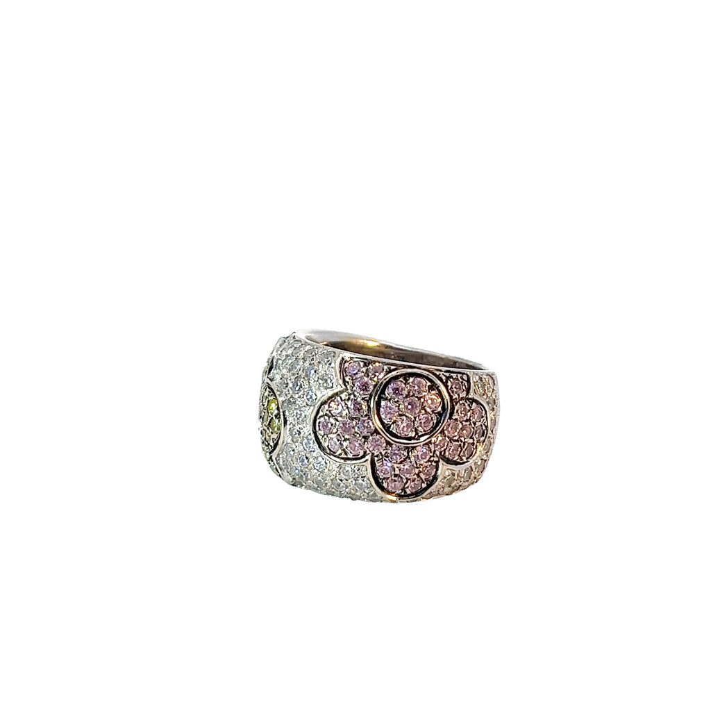 18k White Gold 2.00ct Pink and Yellow Round total weight Sapphire and Surround by 1.35ct G VS2 Round Diamond Ring