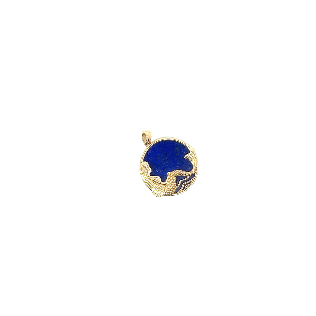 14k Yellow Gold Lapis Mermaid Charm 22mm 4.8 gram