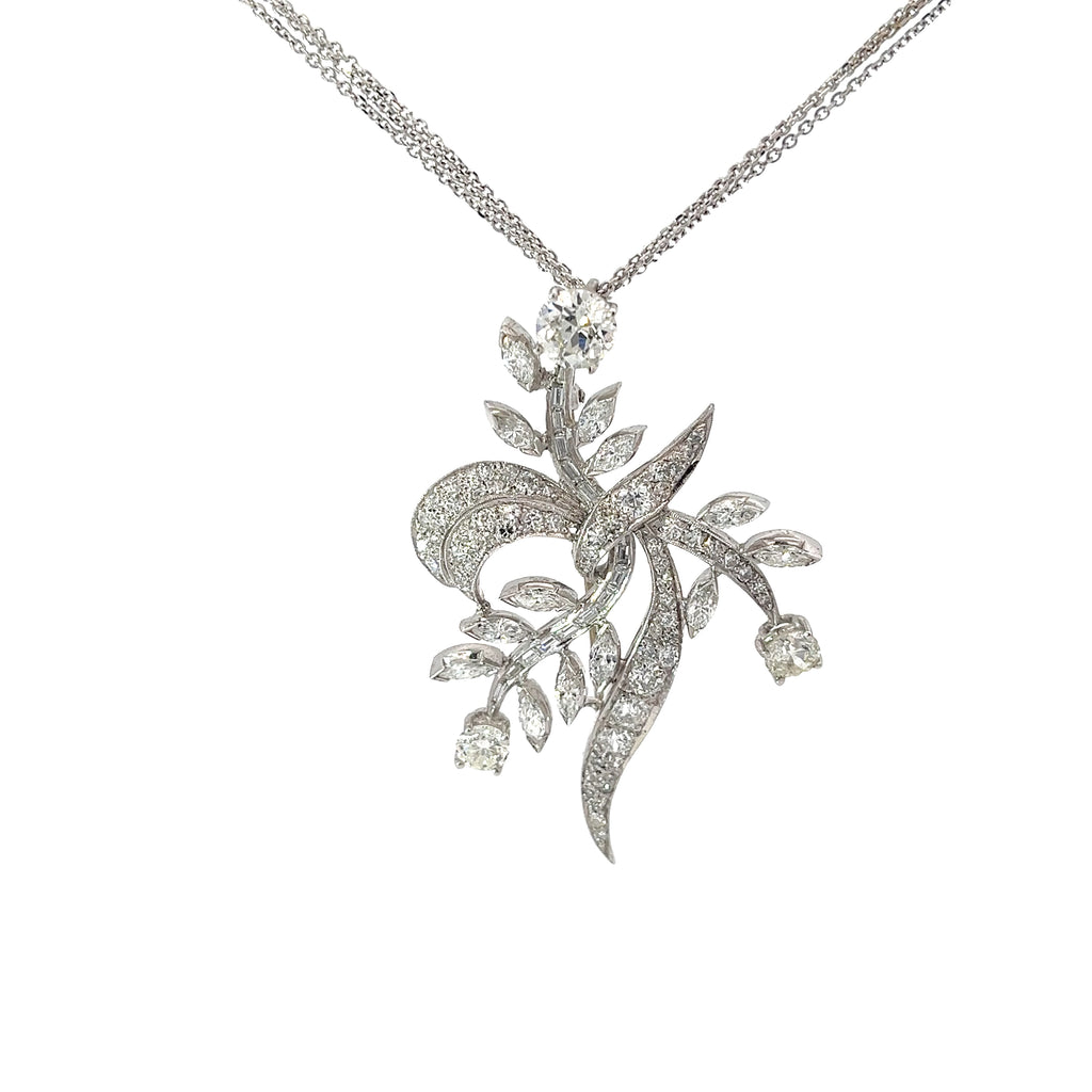 Platinum 1.25ct Old Mine Cut Round Center Diamond and 3.00ct Total Weight Diamond of Marquise, Round Vintage Brooch Necklace