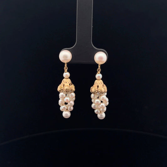 14k Yellow Fresh Water White Gold Pearl Drop Earrings
