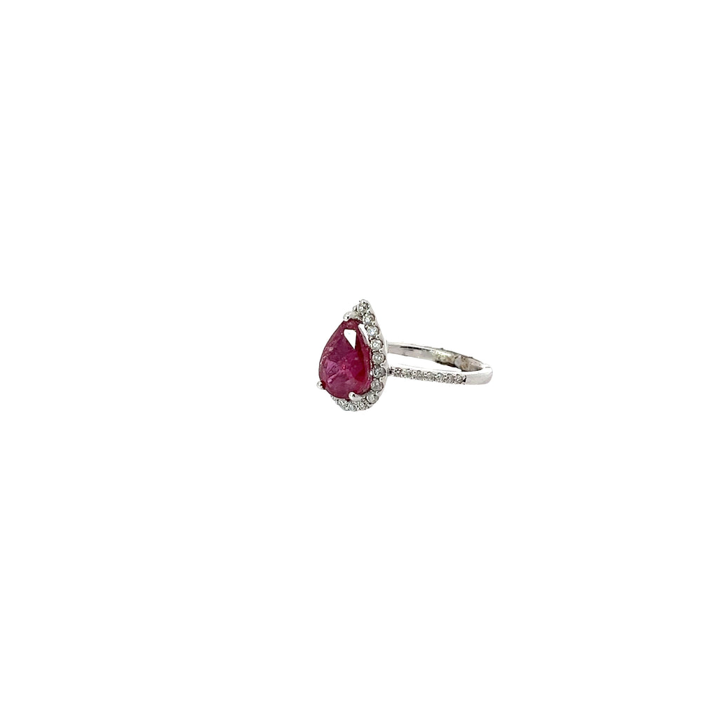 14k White Gold 3.43ct Pear Shape Ruby and surround by .50ct VS2 Round Diamond Ring