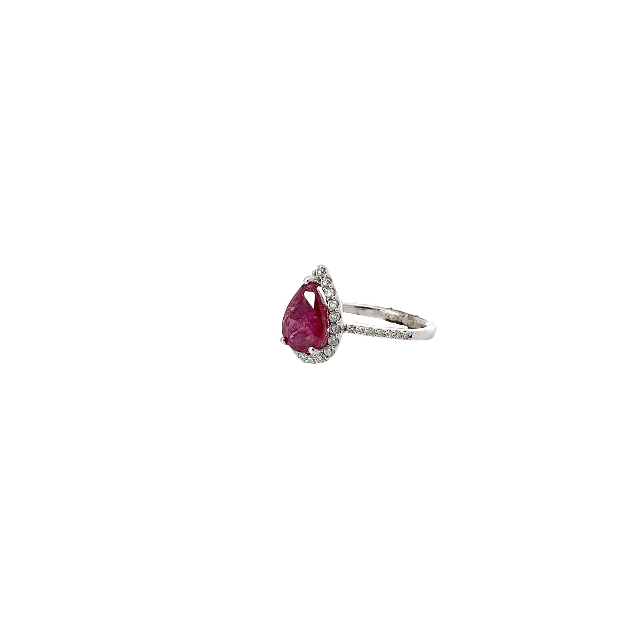 14k White Gold 3.43ct Pear Shape Ruby and surround by .50ct VS2 Round Diamond Ring