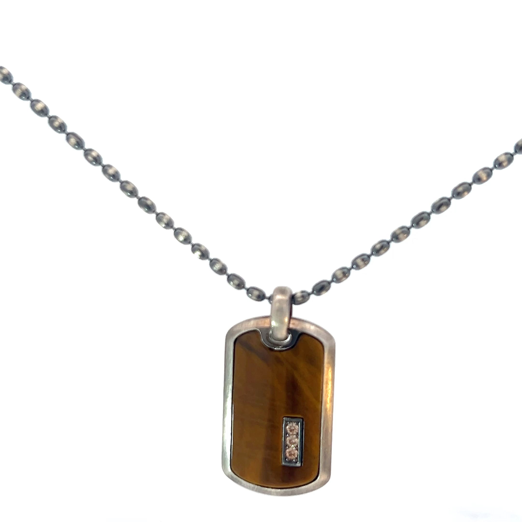 Sterling Silver 21.3 gram Necklace/ Dog Tag with Tiger Eye Enamel and Chocolate Cubic Zirconium Stone Pendant