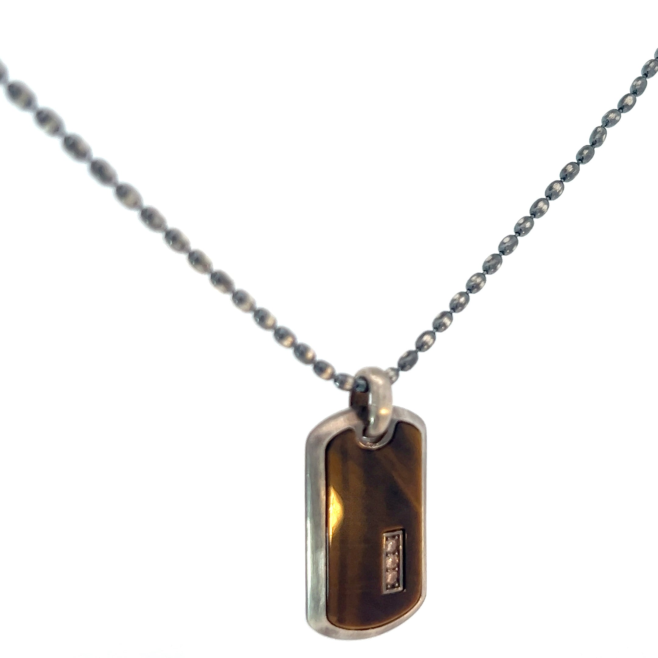 Sterling Silver 21.3 gram Necklace/ Dog Tag with Tiger Eye Enamel and Chocolate Cubic Zirconium Stone Pendant