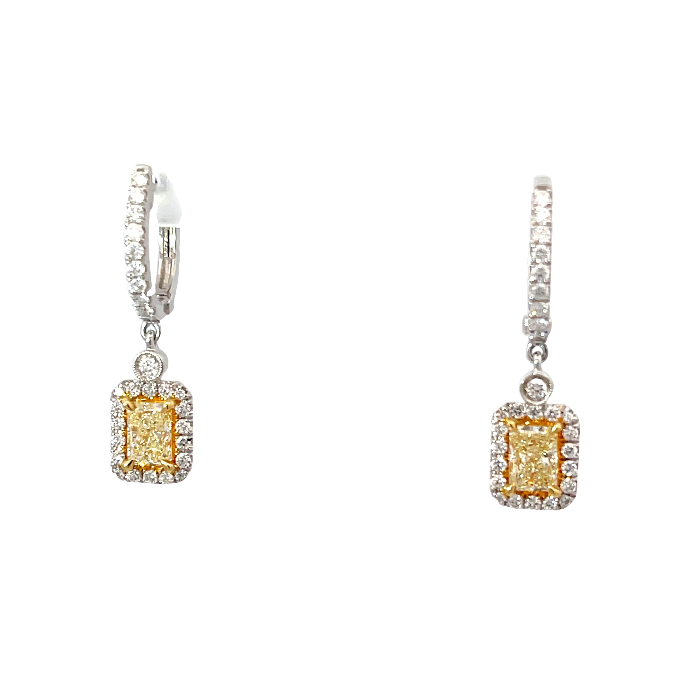 18k Two Tone .84ct W x X Range VS2 Yellow Diamond GIA #1156772378 , .79ct O to P Range VS1 Yellow Diamond GIA # 2151772365 and .75ct G VS1 Round Diamond Dangle Earrings