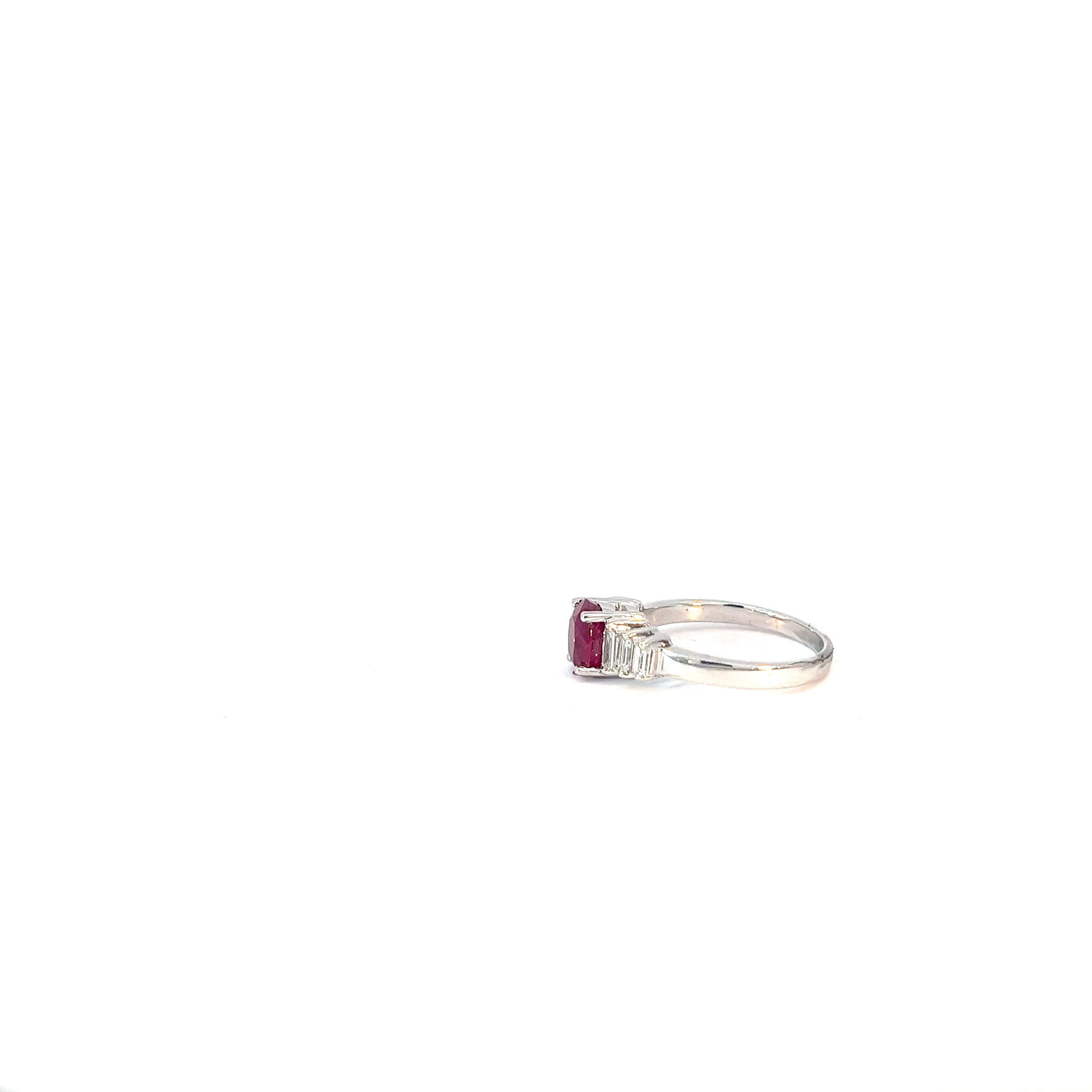 18k White Gold 1.72ct Oval AA Burma Ruby and .35ct F VS2 Baguette Diamond Ring Certified by GIA # 7235106134