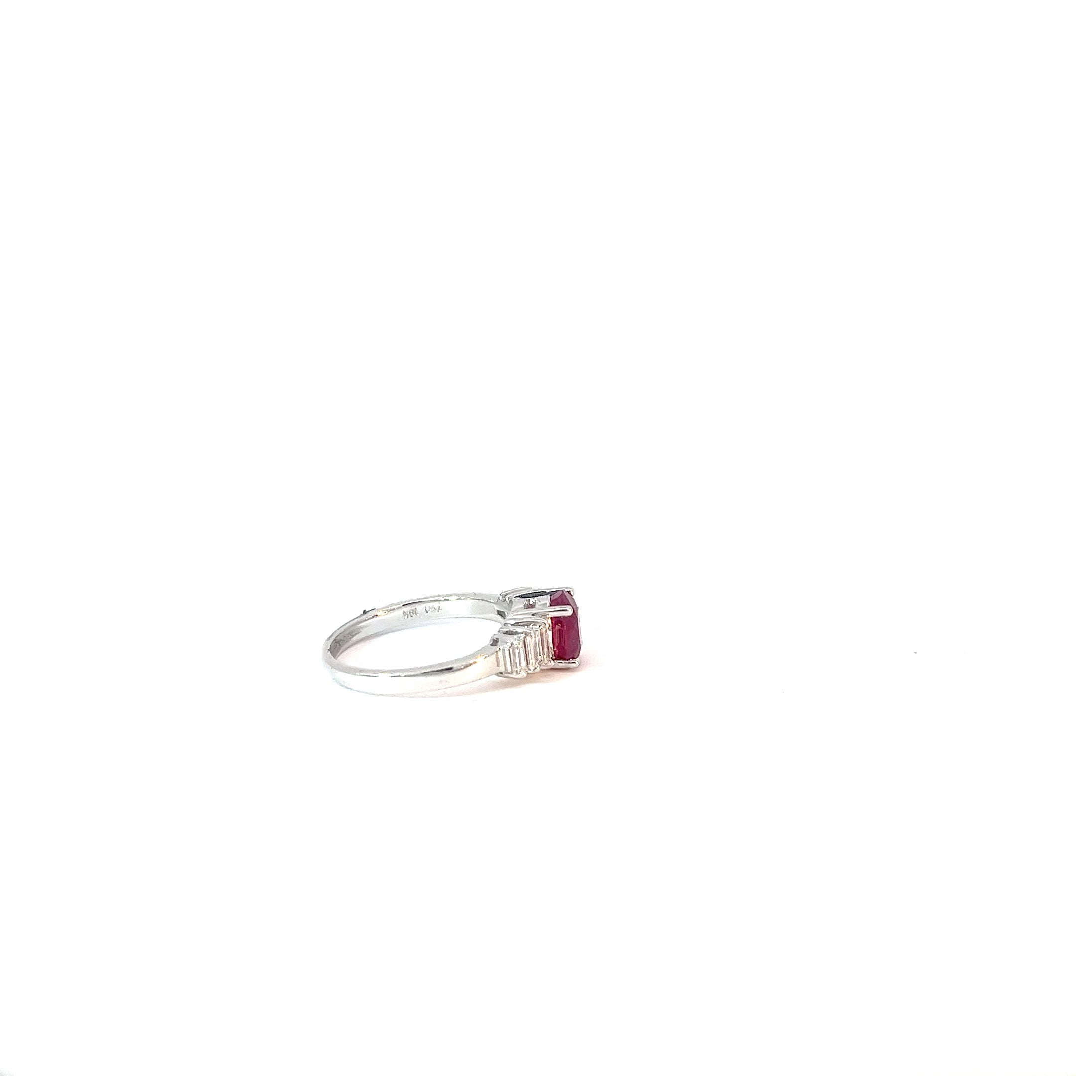 18k White Gold 1.72ct Oval AA Burma Ruby and .35ct F VS2 Baguette Diamond Ring Certified by GIA # 7235106134