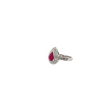 18k White Gold 1.00ct Pear Shaped Burma Ruby and surround by .60ct H VS2 Round Diamond ring