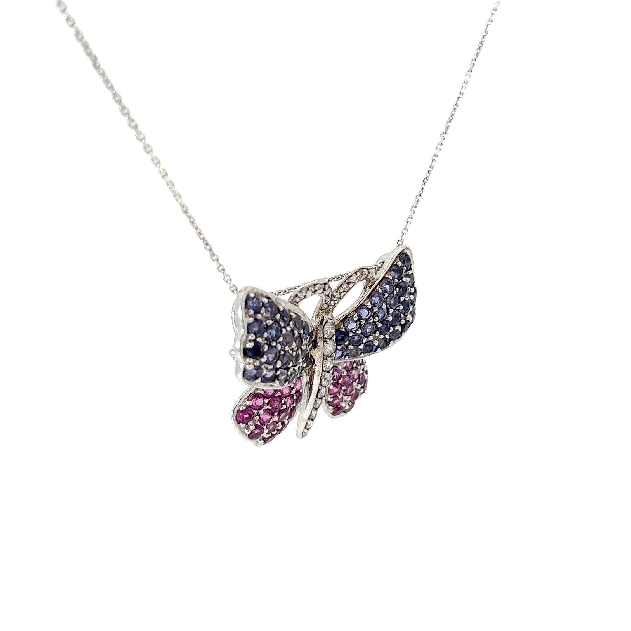 14k White Gold 3.00ct Round Sapphire and .25ct G SI1 Round Diamond Butterfly Necklace