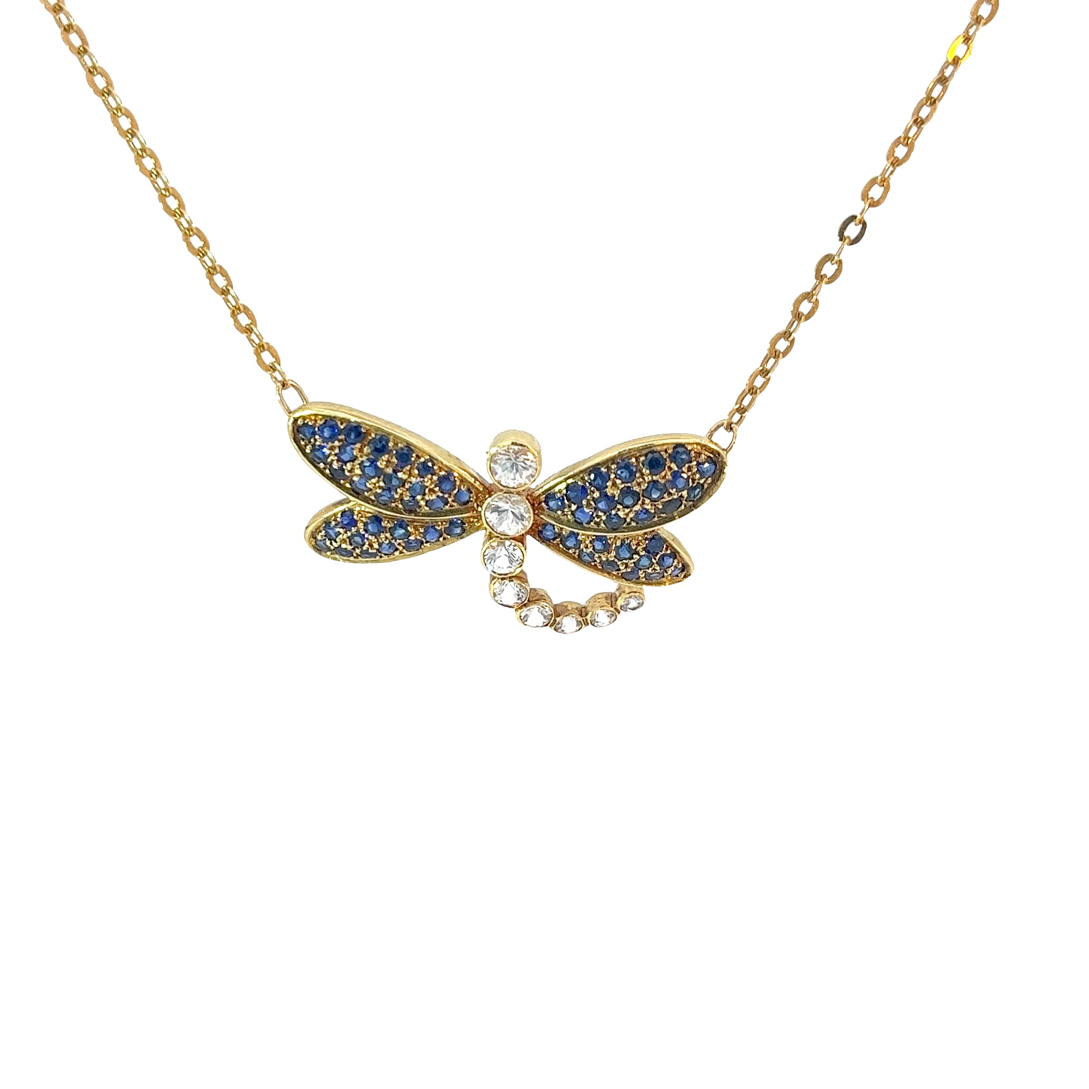 18k Yellow Gold 2.50ct Round Blue Sapphire and 1.00ct Round White Sapphire Dragonfly Necklace