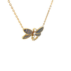 18k Yellow Gold 2.50ct Round Blue Sapphire and 1.00ct Round White Sapphire Dragonfly Necklace