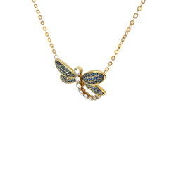 18k Yellow Gold 2.50ct Round Blue Sapphire and 1.00ct Round White Sapphire Dragonfly Necklace