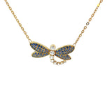 18k Yellow Gold 2.50ct Round Blue Sapphire and 1.00ct Round White Sapphire Dragonfly Necklace