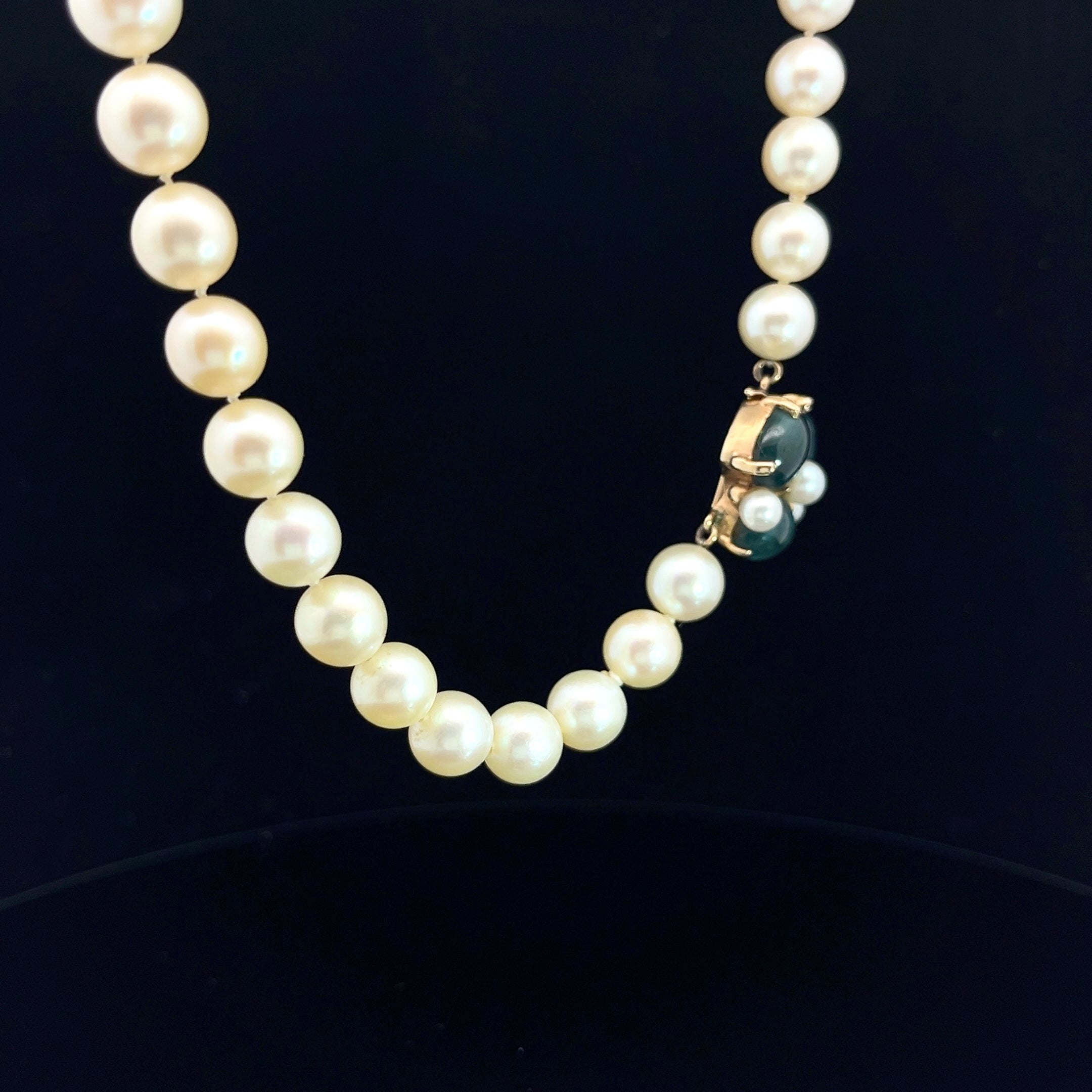 14k Yellow Gold 40 Drilled Akoya Pearls 8mm / (3) Green-Blue Oval Cabochons Necklace Certified By GIA # 5181657594