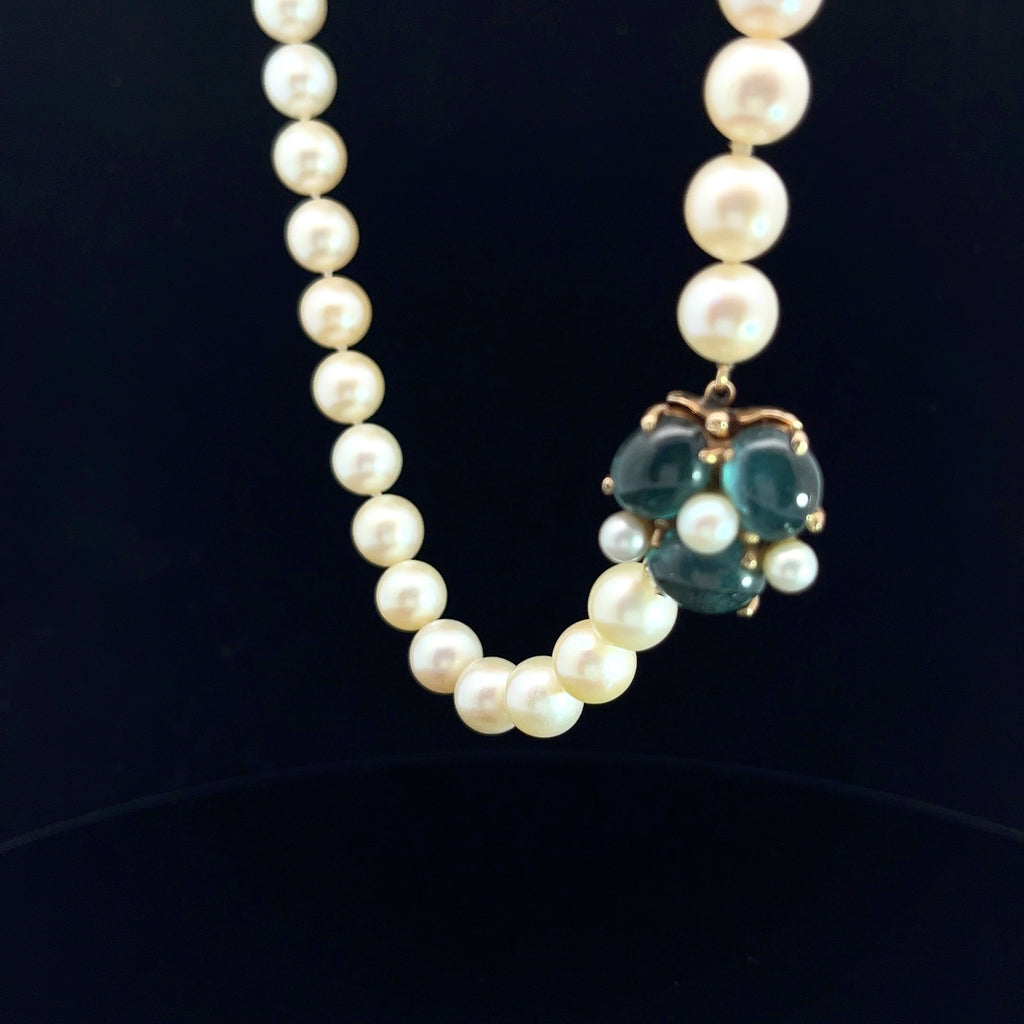 14k Yellow Gold 40 Drilled Akoya Pearls 8mm / (3) Green-Blue Oval Cabochons Necklace Certified By GIA # 5181657594