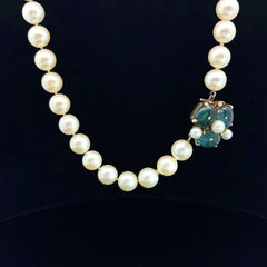 14k Yellow Gold 40 Drilled Akoya Pearls 8mm / (3) Green-Blue Oval Cabochons Necklace Certified By GIA # 5181657594