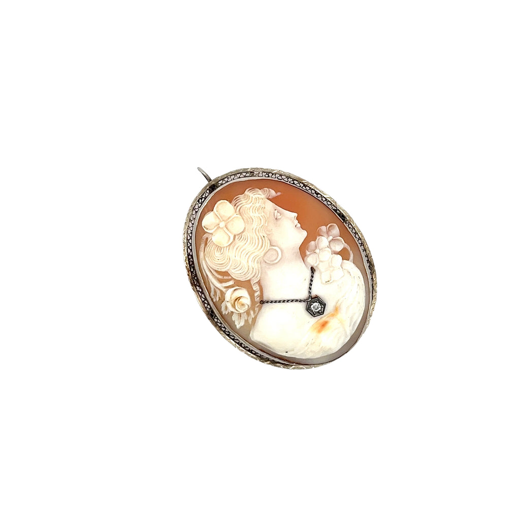 14K WHITE GOLD VINTAGE CAMEO PENDANT/PIN WITH ROUND DIAMOND 2"X1 1/2"