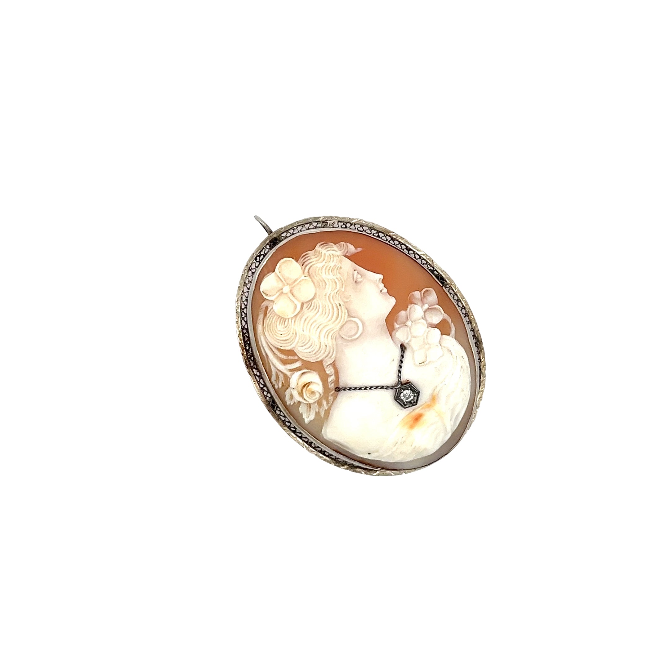 14K WHITE GOLD VINTAGE CAMEO PENDANT/PIN WITH ROUND DIAMOND 2"X1 1/2"