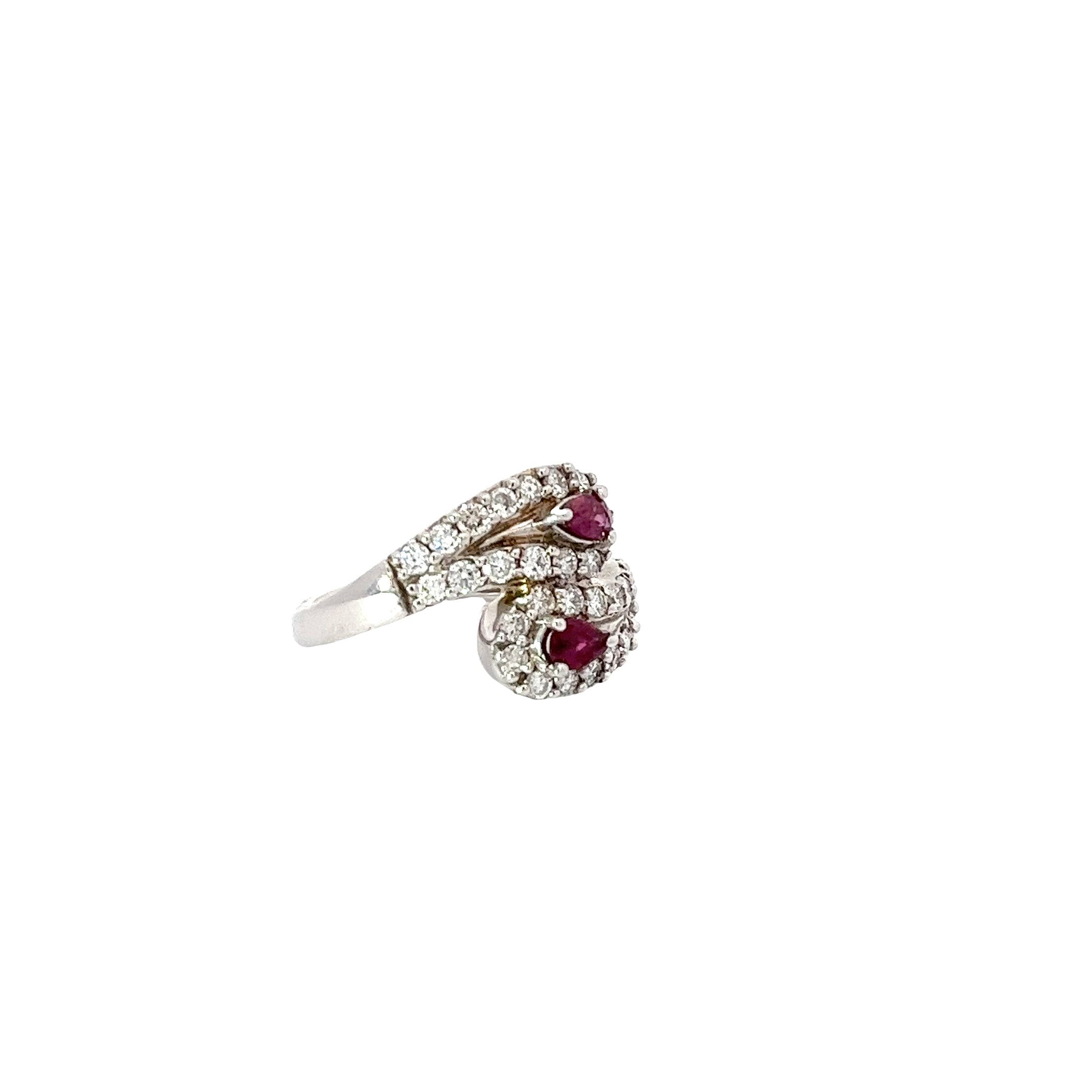 18k white Gold .40ct Pear Shaped  AA Ruby and 1.00ct G VS2 Round Diamond ring