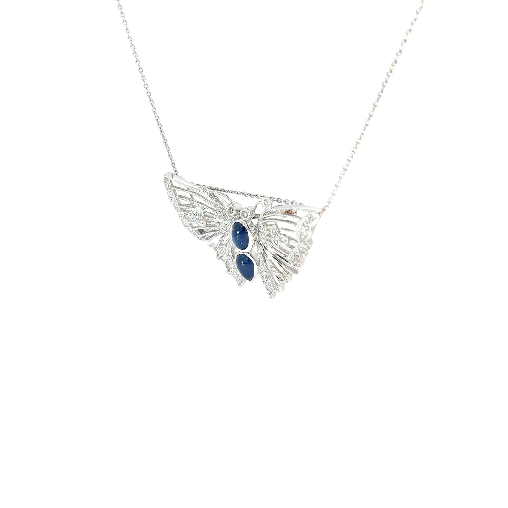 18k White Gold 1.50ct Cabochon Sapphire and .65ct G SI1 Round Diamond  Butterfly Brooch and Necklace