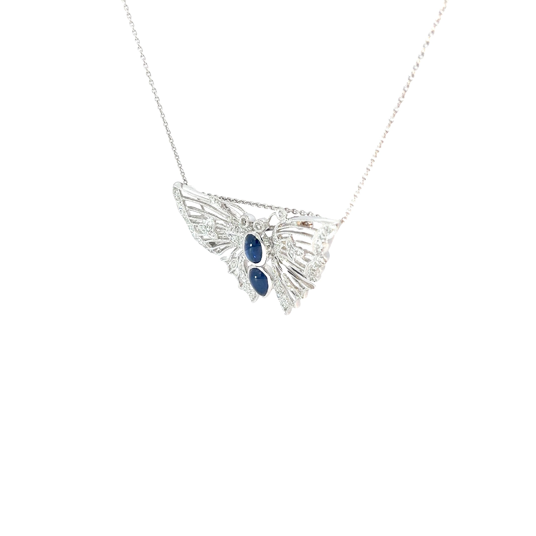 18k White Gold 1.50ct Cabochon Sapphire and .65ct G SI1 Round Diamond  Butterfly Brooch and Necklace