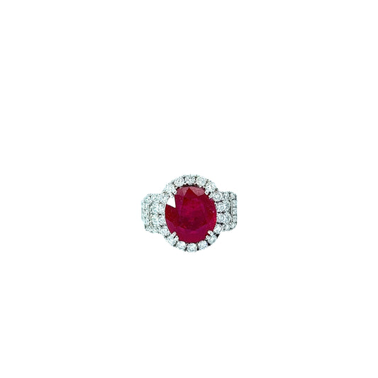 18k White Gold 6.51ct Oval Shape Ruby and 1.85ct F VS2 Round Diamond Ring