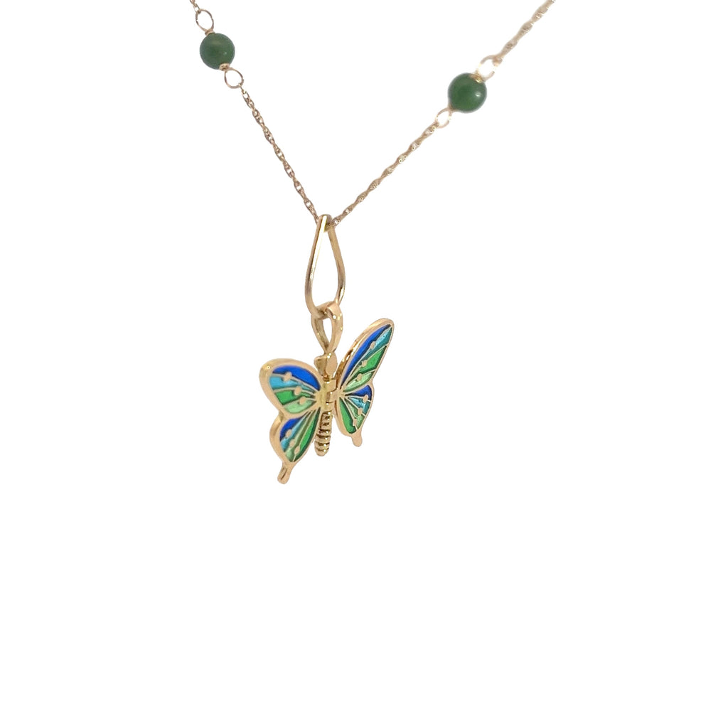 18k Yellow Gold Vintage Enamel Butterfly with moving Wings Pendant with Jade Necklace