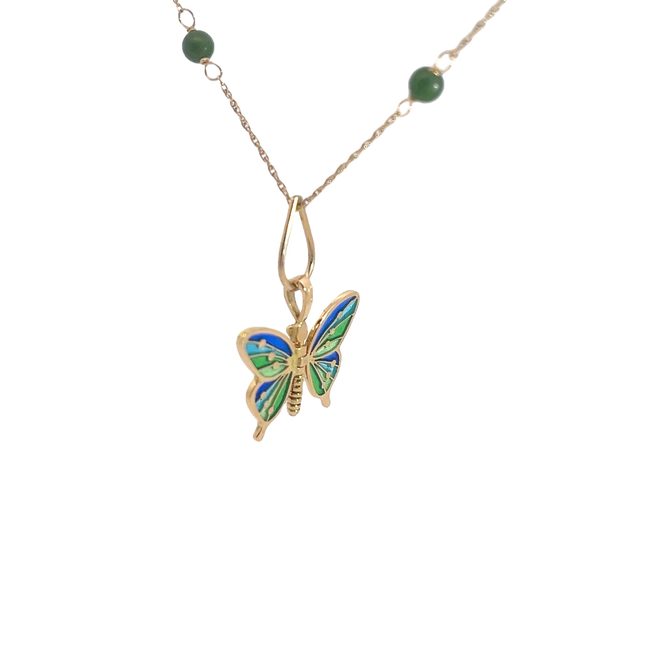 18k Yellow Gold Vintage Enamel Butterfly with moving Wings Pendant with Jade Necklace