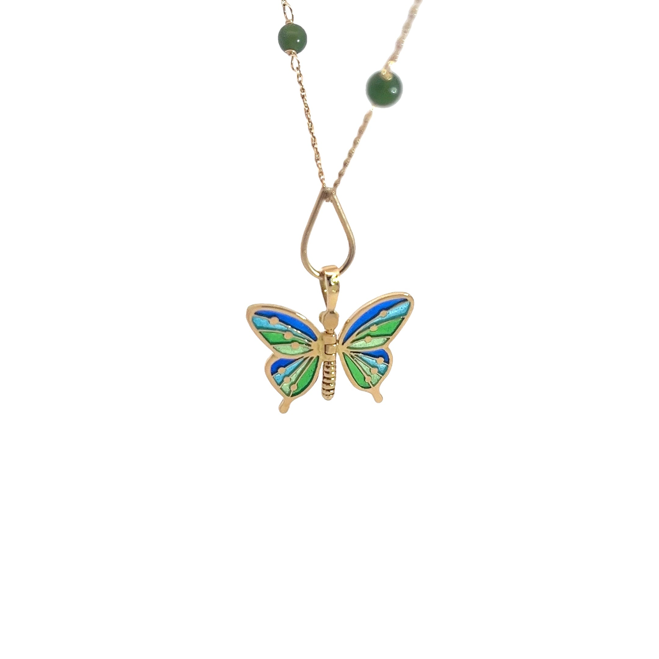18k Yellow Gold Vintage Enamel Butterfly with moving Wings Pendant with Jade Necklace