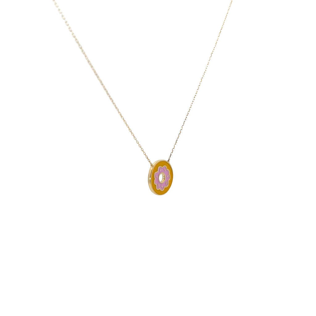14k Yellow Gold Pink and Orange Enamel Flower Necklace