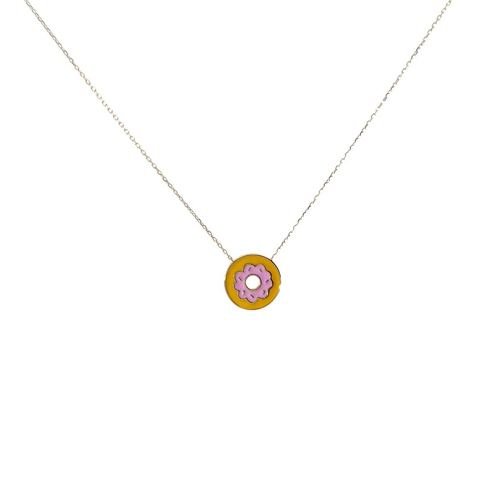 14k Yellow Gold Pink and Orange Enamel Flower Necklace