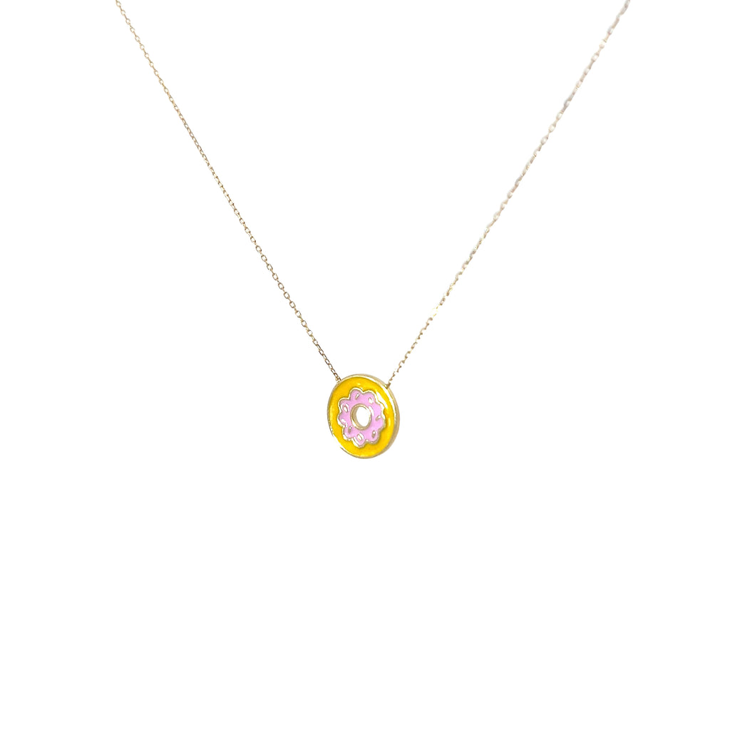 14k Yellow Gold Pink and Orange Enamel Flower Necklace