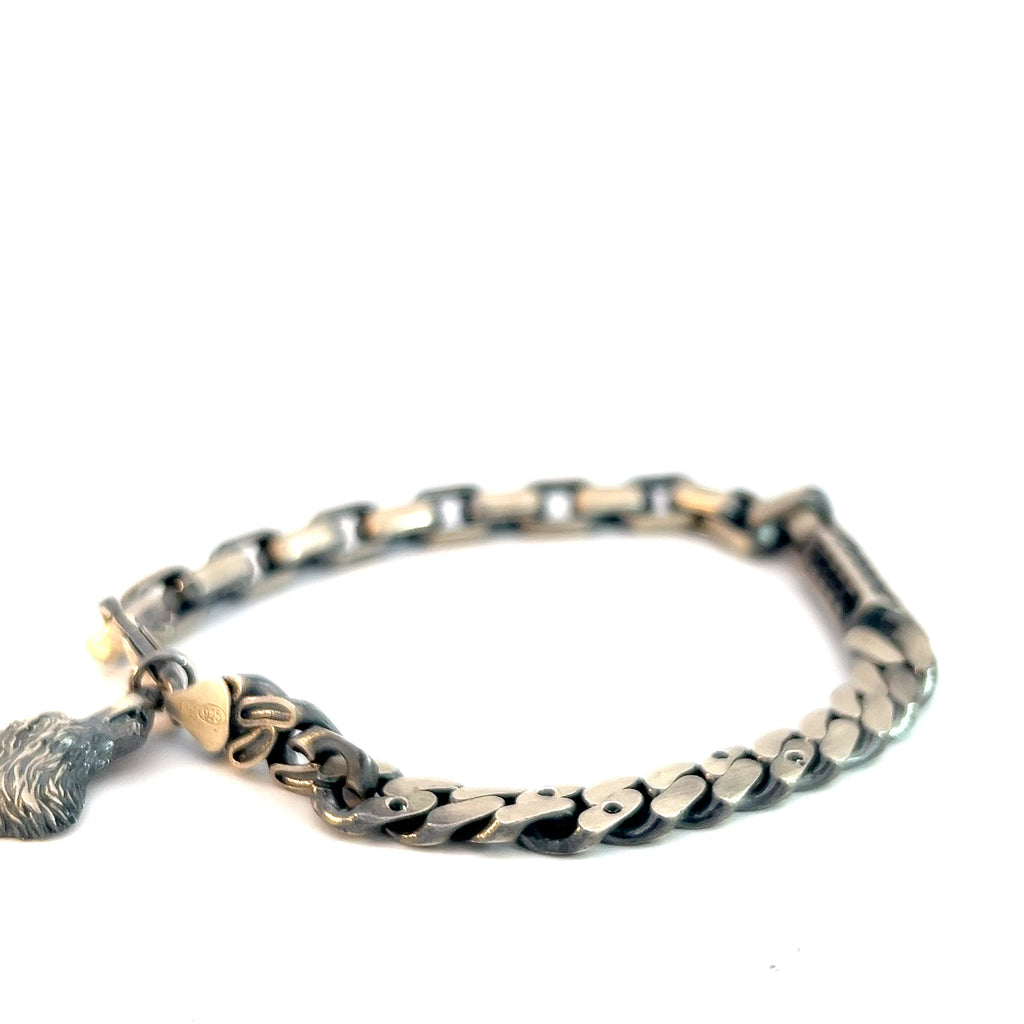 Sterling Silver 26.2 Gram Square links and Curbs Link Half and Half Square Bar with Black Onyx Stones and a Dangle Wolf Head Charm Men Bracelet