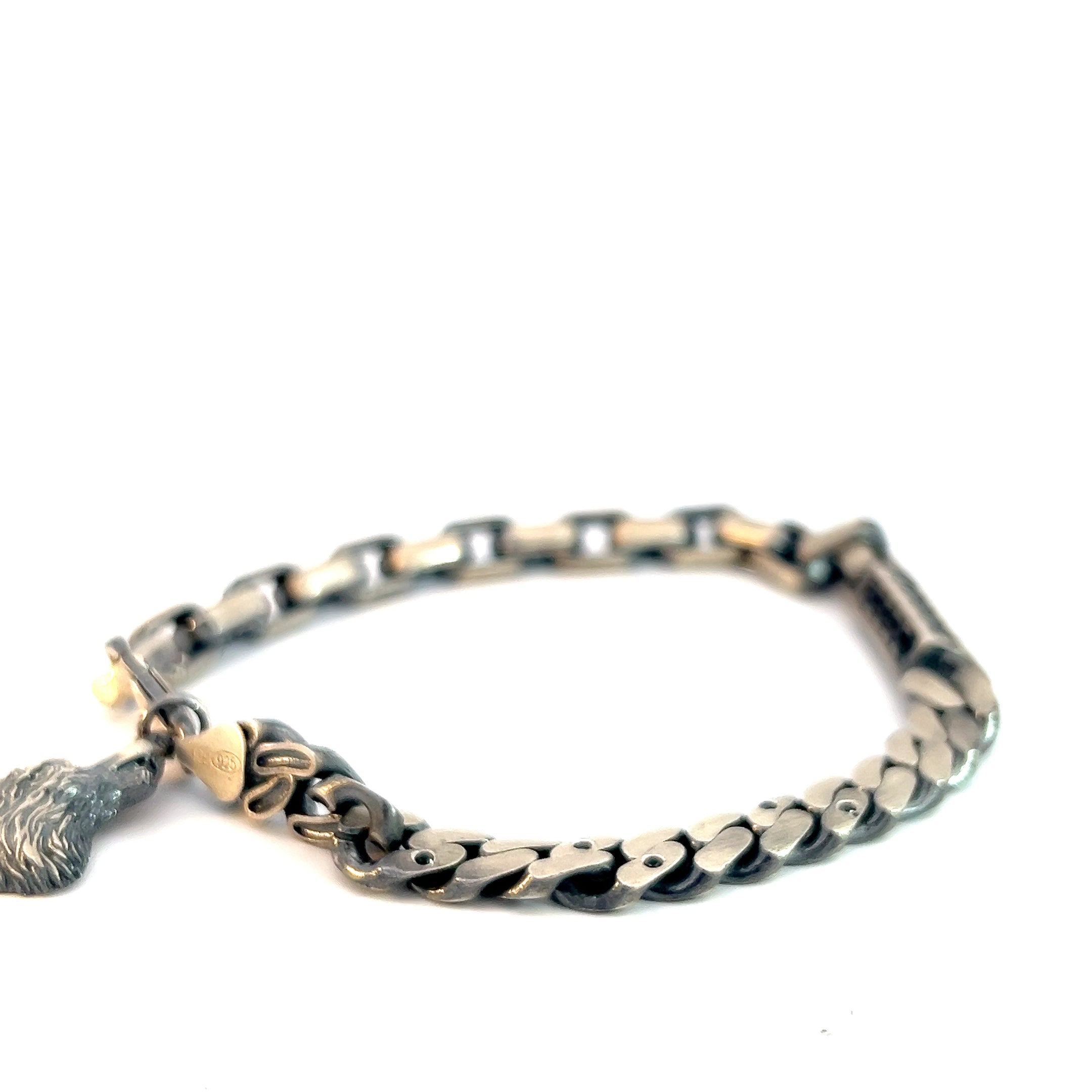Sterling Silver 26.2 Gram Square links and Curbs Link Half and Half Square Bar with Black Onyx Stones and a Dangle Wolf Head Charm Men Bracelet