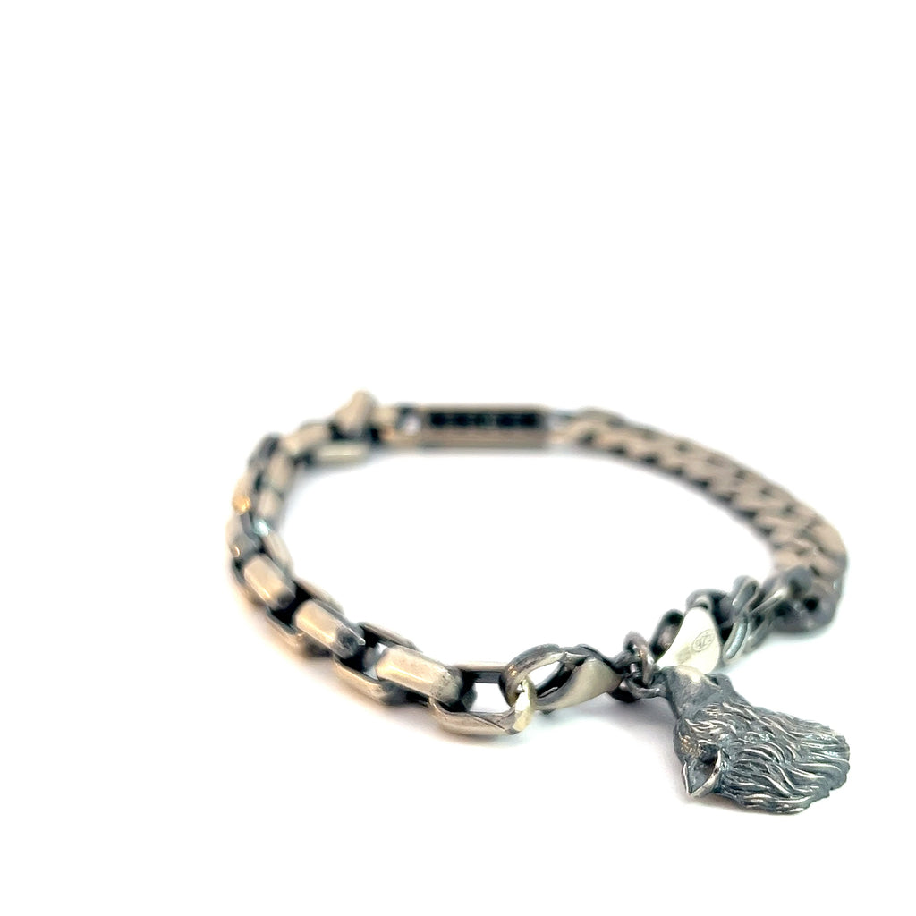 Sterling Silver 26.2 Gram Square links and Curbs Link Half and Half Square Bar with Black Onyx Stones and a Dangle Wolf Head Charm Men Bracelet
