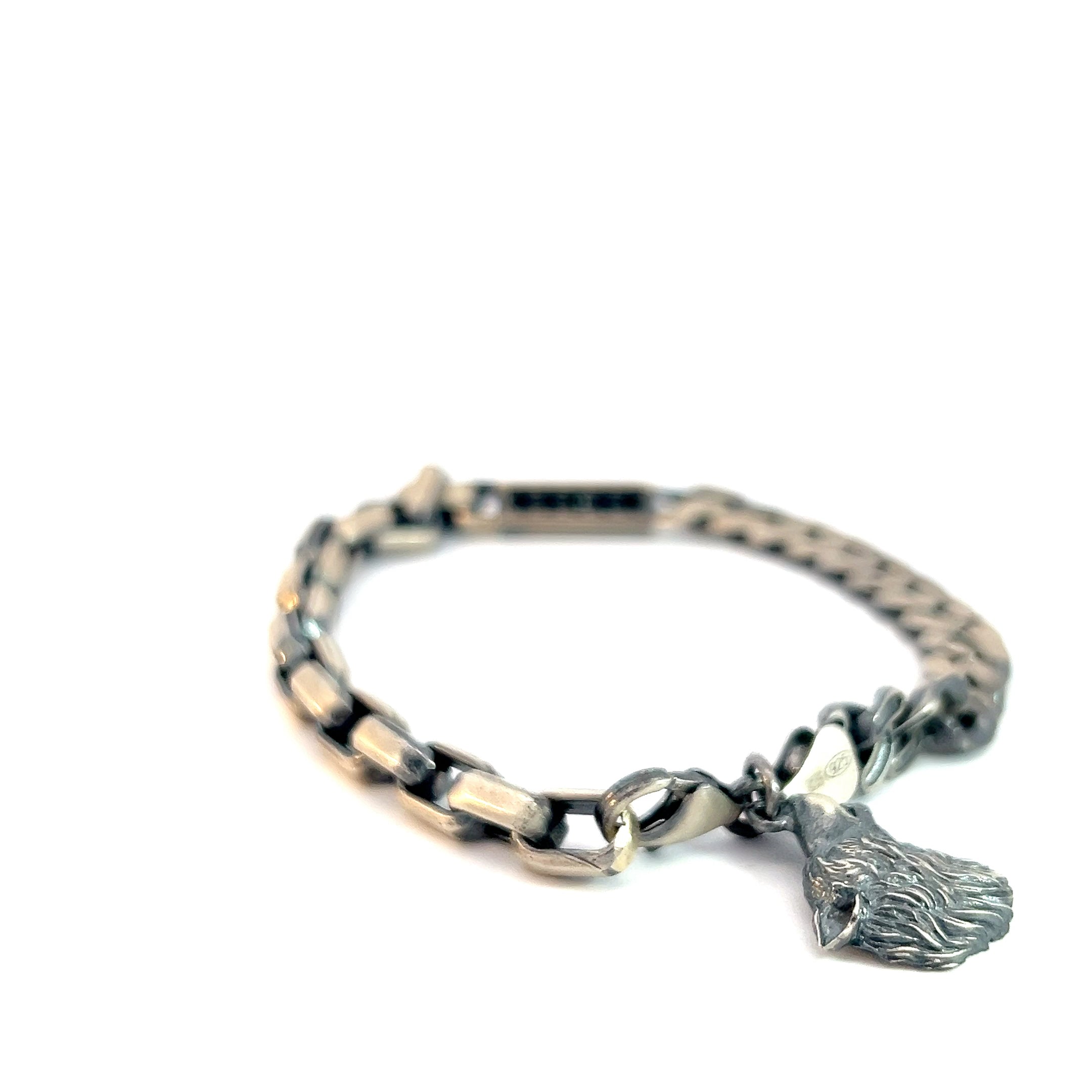 Sterling Silver 26.2 Gram Square links and Curbs Link Half and Half Square Bar with Black Onyx Stones and a Dangle Wolf Head Charm Men Bracelet