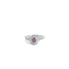 14k White Gold .75ct G SI1 Round Diamond / .50ct Oval Burma Ruby Double Oval Halo and Twist Ring