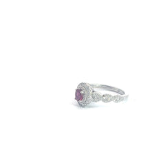 14k White Gold .75ct G SI1 Round Diamond / .50ct Oval Burma Ruby Double Oval Halo and Twist Ring