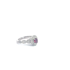 14k White Gold .75ct G SI1 Round Diamond / .50ct Oval Burma Ruby Double Oval Halo and Twist Ring