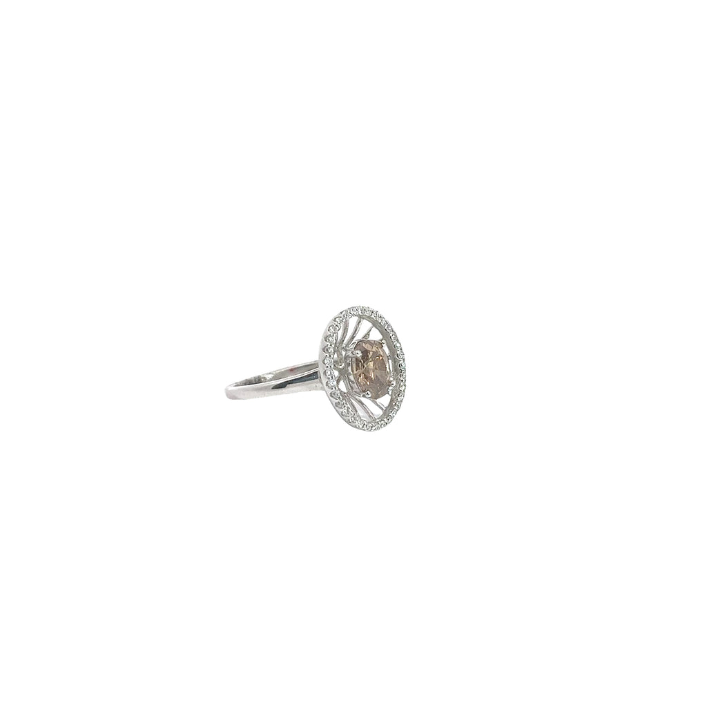 18k White Gold 1.02ct Fancy Dark Orangy Brown Oval Shaped Chocolate Diamond and Surround by .30ct F Vs2 Round Diamond Engagement Ring Certified by GIA #2173145698
