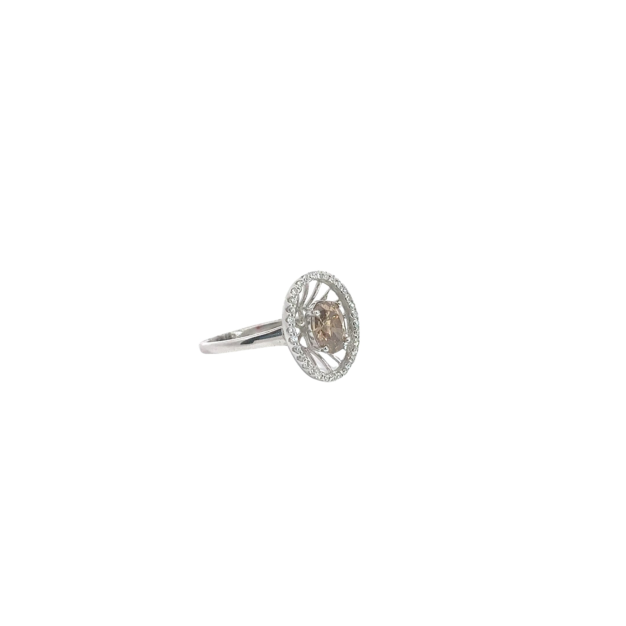 18k White Gold 1.02ct Fancy Dark Orangy Brown Oval Shaped Chocolate Diamond and Surround by .30ct F Vs2 Round Diamond Engagement Ring Certified by GIA #2173145698