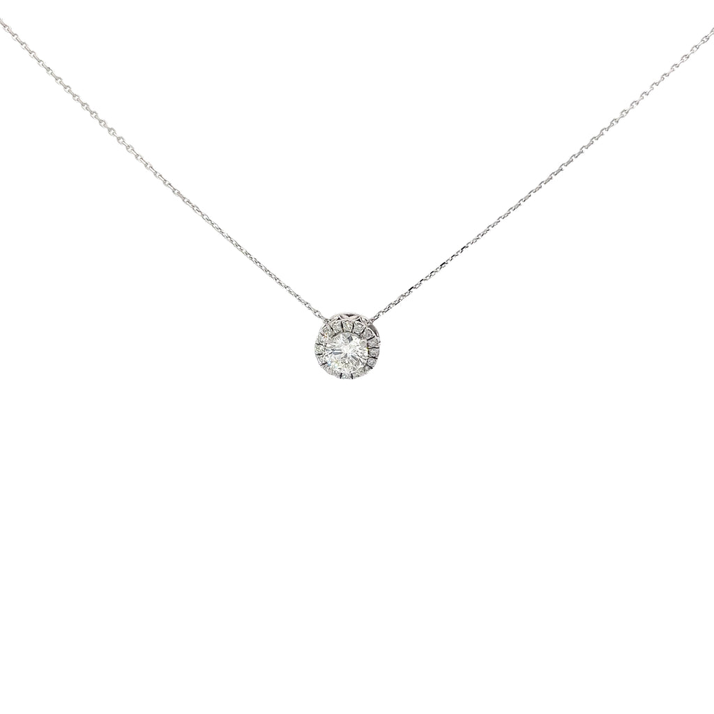 14k White Gold .96ct I I1 Round Center Diamond and along Halo .28ct I I1 Round Diamond Solitaire Necklace Certified By GIA # 2225434020