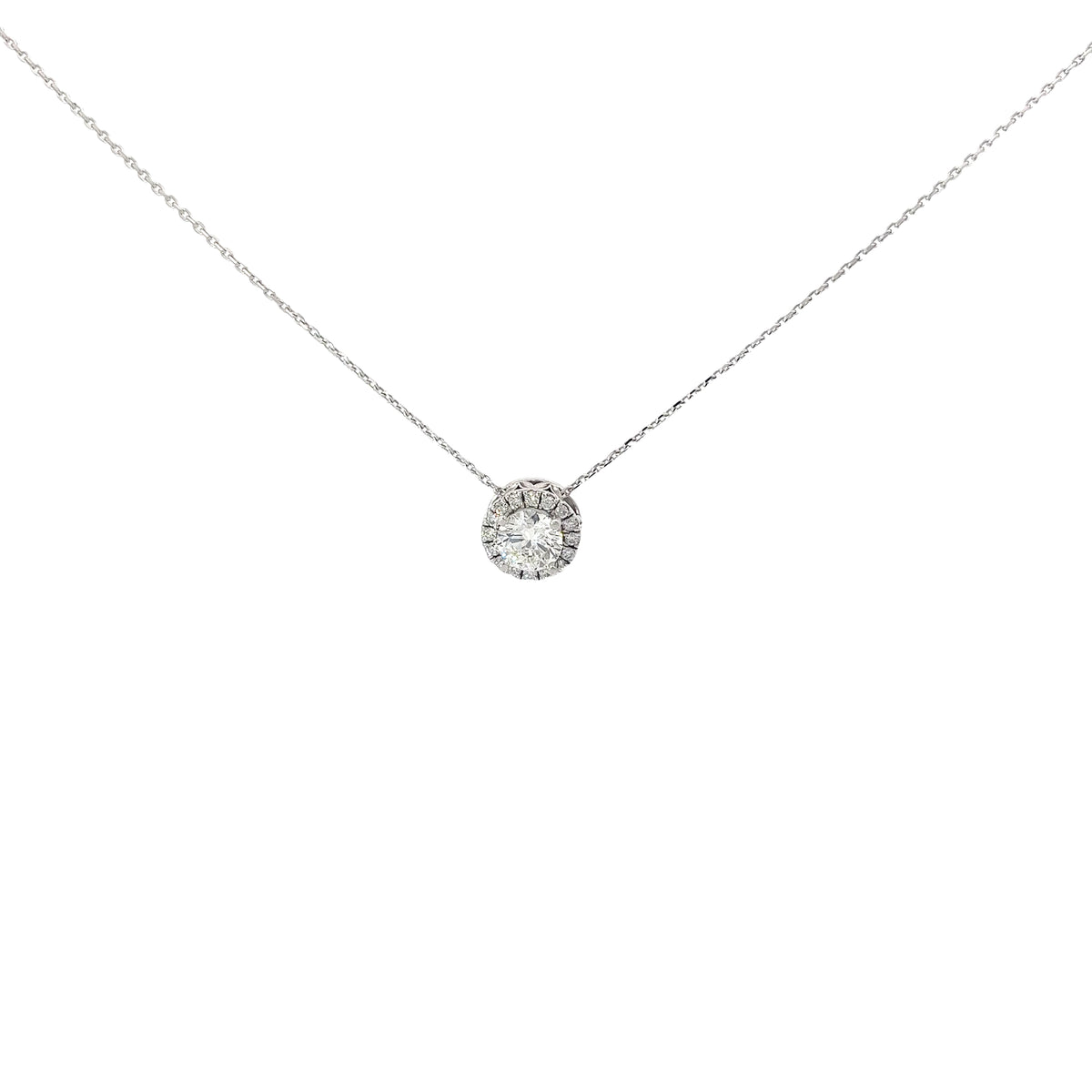 14k White Gold .96ct I I1 Round Center Diamond and Along Halo .28ct I I1 Round Diamond Solitaire Necklace Certified by GIA #2225434020