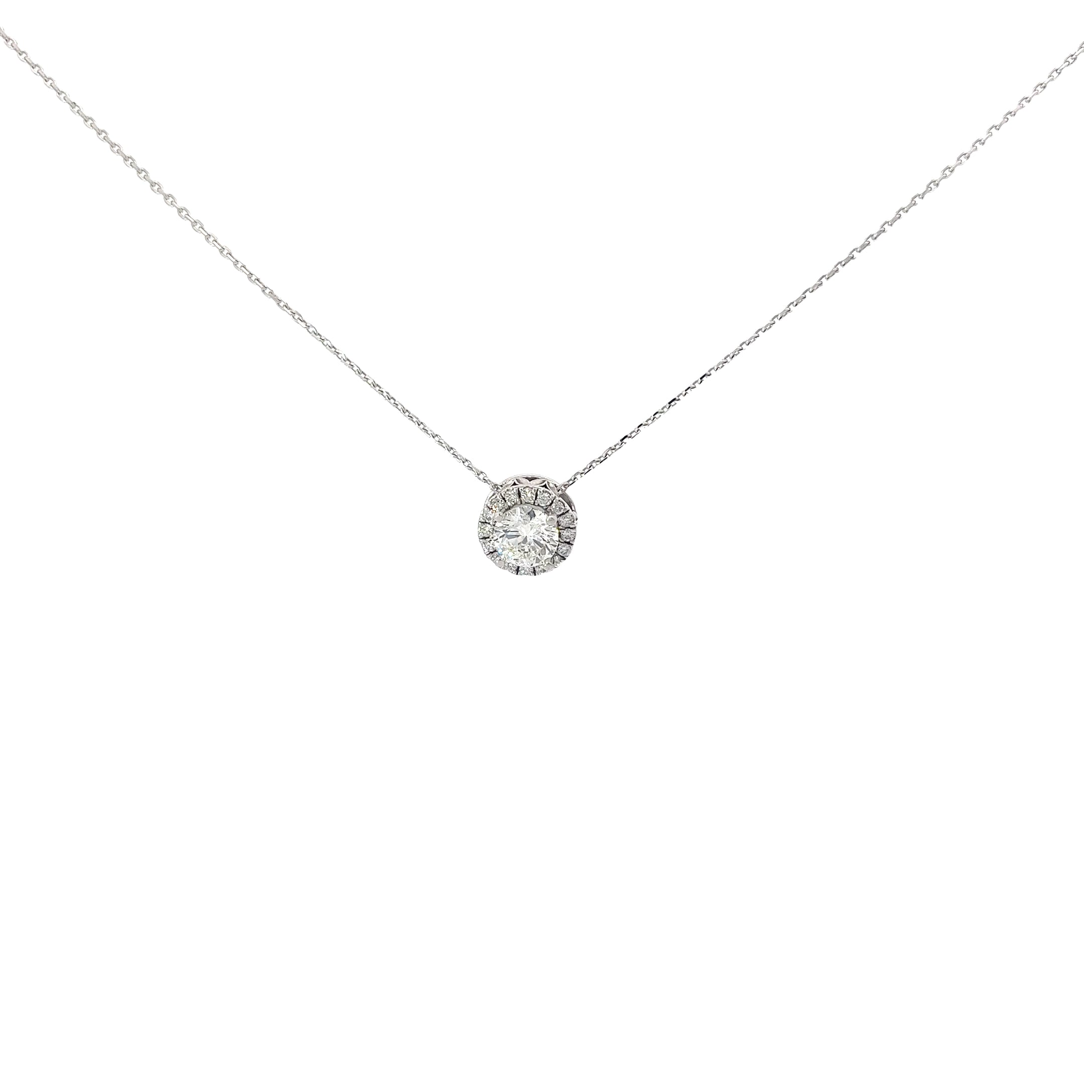14k White Gold .96ct I I1 Round Center Diamond and along Halo .28ct I I1 Round Diamond Solitaire Necklace Certified By GIA # 2225434020